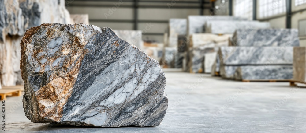 Aufkleber marble stone block with gray and gold veins in a stone yard with additional stone blocks in the back