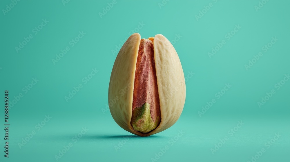 Poster close-up image of a single open pistachio nut on a bright background for creative culinary concepts