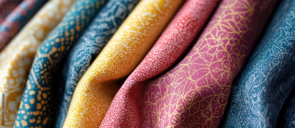 Poster colorful patterned fabrics neatly arranged with visible texture and detail showcasing various hues a