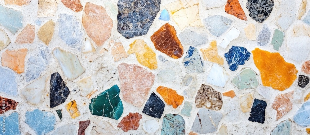 Poster colorful mosaic stone wall texture background with various shapes and colors, suitable for architect