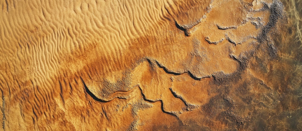 Poster aerial view of textured sand dunes with intricate patterns and color variations in warm earth tones 
