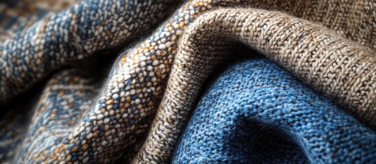 Fototapeta premium Textured fabric in shades of blue and brown, close-up view highlighting fibers and patterns, ideal for textile backgrounds, Copy Space