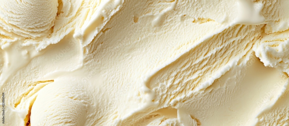 Poster close-up view of creamy vanilla ice cream texture with smooth swirls and scoops on a light backgroun