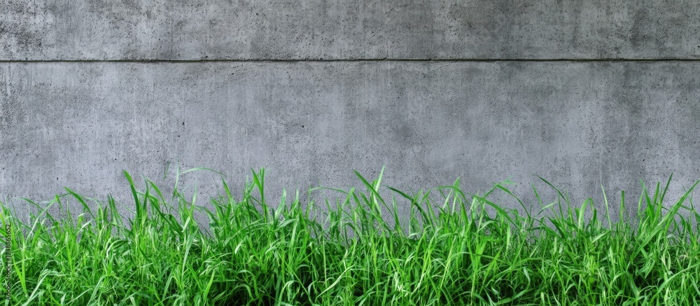 Poster green grass in front of a textured concrete wall with ample copy space for design elements and text 