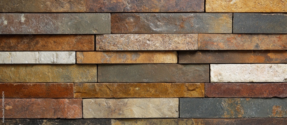 Poster textured stone wall made of various rectangular slate stones in earthy tones with a uniform pattern 