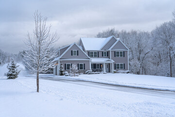 luxury house in after snow storm in winter 