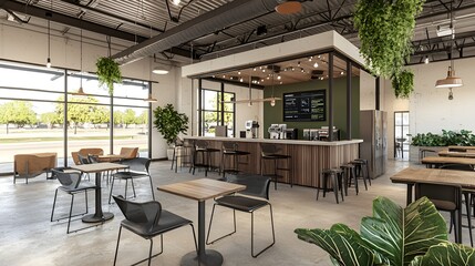 Fototapeta premium Modern office cafe with bar, seating, and plants