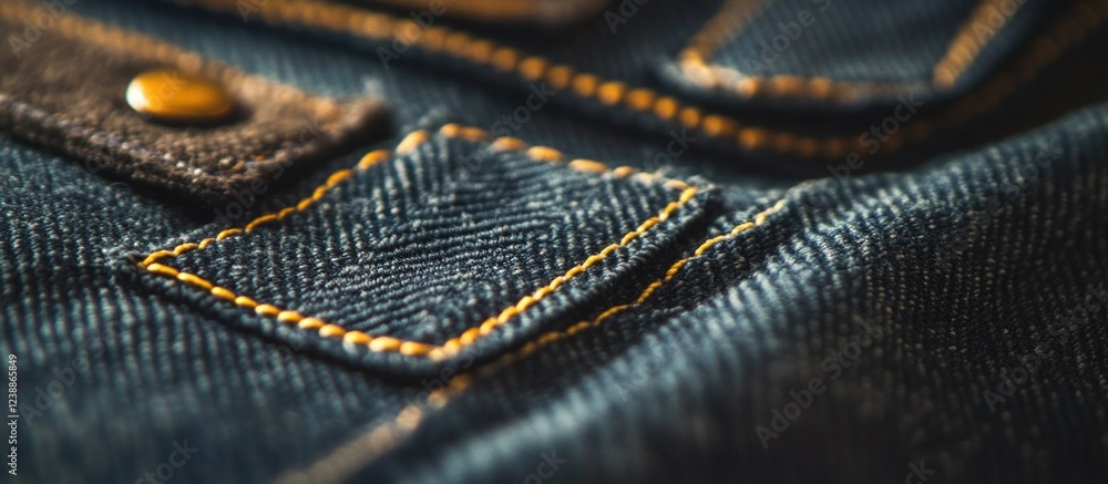 Aufkleber close-up of denim fabric texture showing stitching details and a button on a jacket with copy space