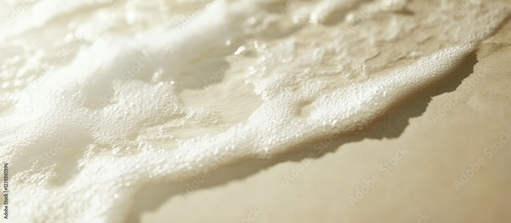Poster close-up view of foam on a light sandy surface with soft lighting and smooth texture copy space