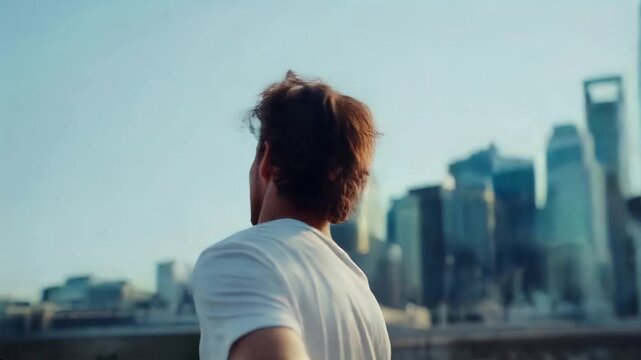 A man of athletic athletic appearance runs in the early morning.
