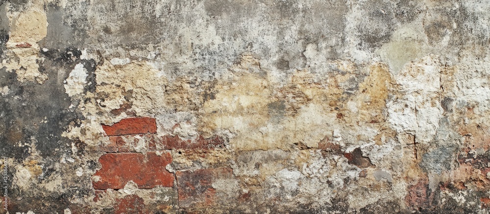 Poster old textured wall with peeling paint and exposed bricks in various colors and patterns ideal for bac