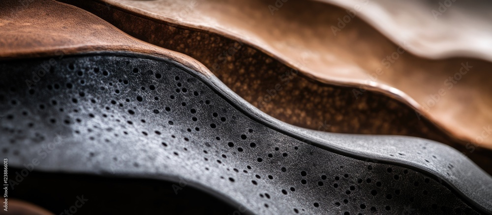 Poster textured layers of leather and metal with varying colors and patterns showcasing craftsmanship and m