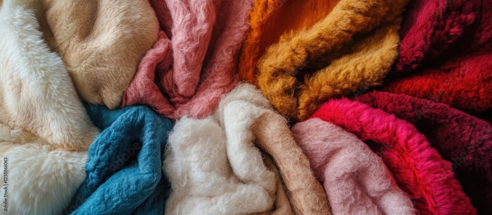 Poster multicolored soft textured fabric with various shades of fur and velour arranged in a circular patte