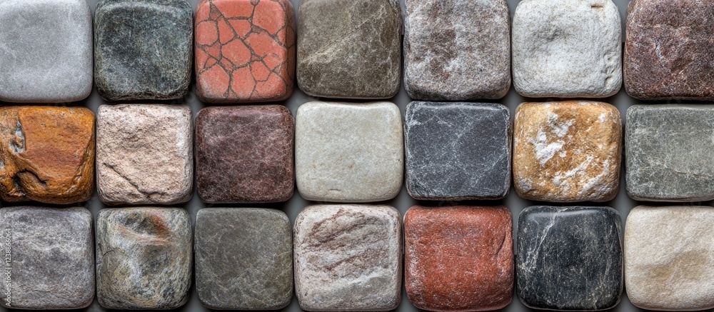 Poster variety of colored decorative stones arranged in a grid pattern on a neutral background with copy sp