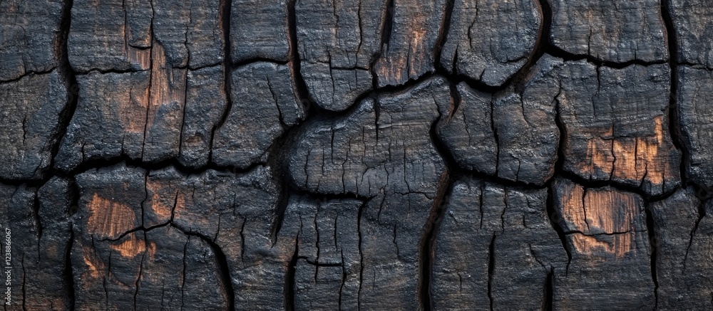 Poster burnt wood texture background with deep cracks and charred surface detail suitable for design and pr