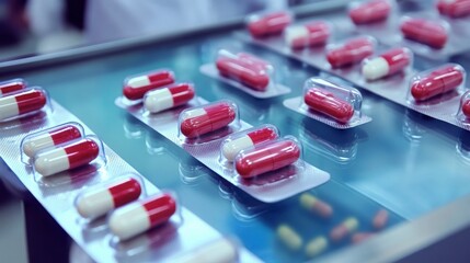 Red and White Capsules in Blister Packs on a Pharmaceutical Production Line