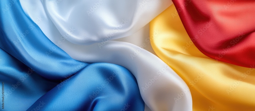 Poster satin fabric in blue white red and yellow colors representing a national flag with smooth folds and 
