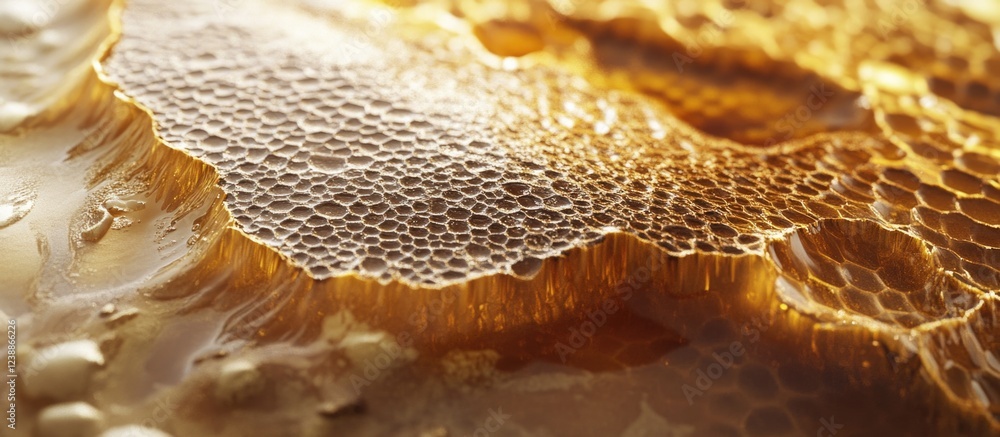 Poster macro close-up of natural honeycomb texture with intricate hexagonal patterns and glossy golden hone