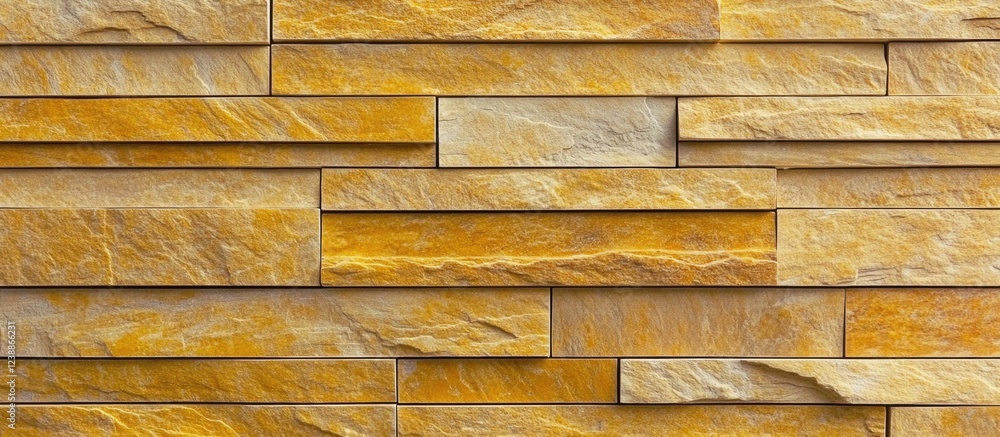 Poster textured stone wall with yellow and beige tiles arranged in a horizontal pattern suitable for archit