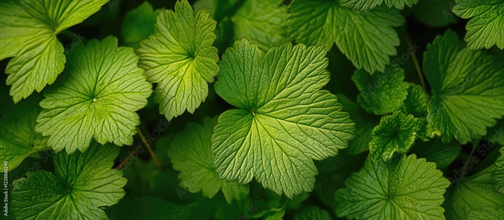 Poster close-up view of vibrant green leaves with intricate textures and patterns in a natural setting suit