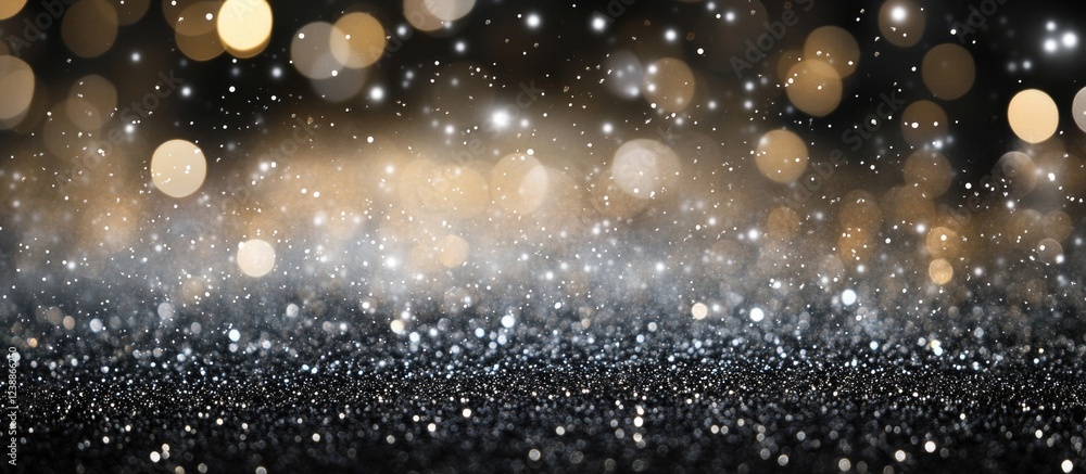 Poster glittering background with golden bokeh lights and sparkling particles on dark surface suitable for 