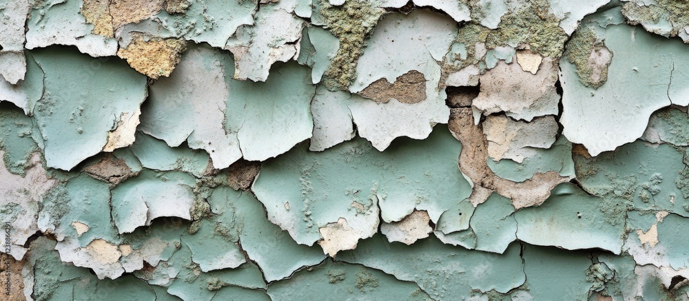Poster peeling paint texture on a weathered wall showing multiple layers and colors with rough surface deta