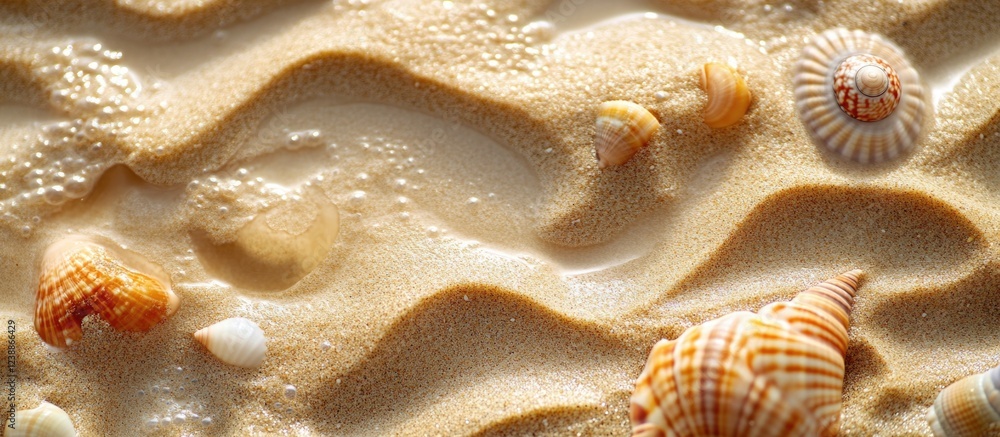 Poster close-up of seashells on sandy beach with gentle waves creating patterns in sand and small bubbles v