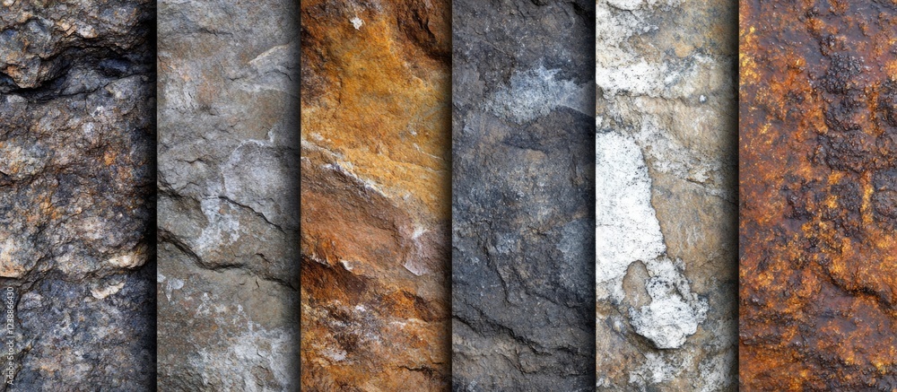 Poster collection of textured rock surfaces in natural colors and patterns with various shades and finishes