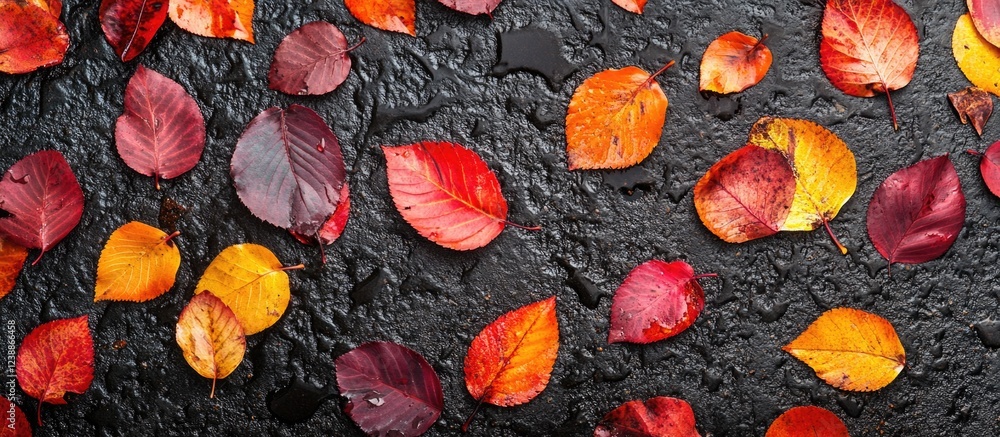 Poster Colorful autumn leaves on wet black surface creating a vibrant natural pattern with copy space for text