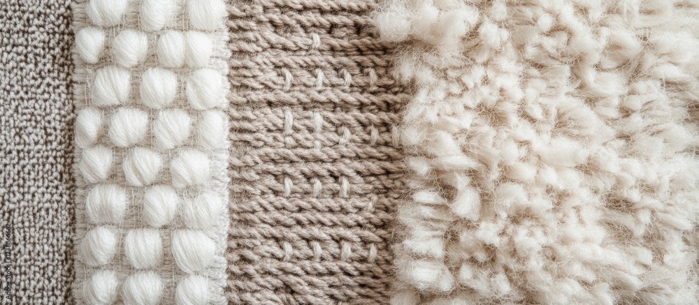 Poster textured fabric background in neutral tones featuring various knitting patterns and plush materials 