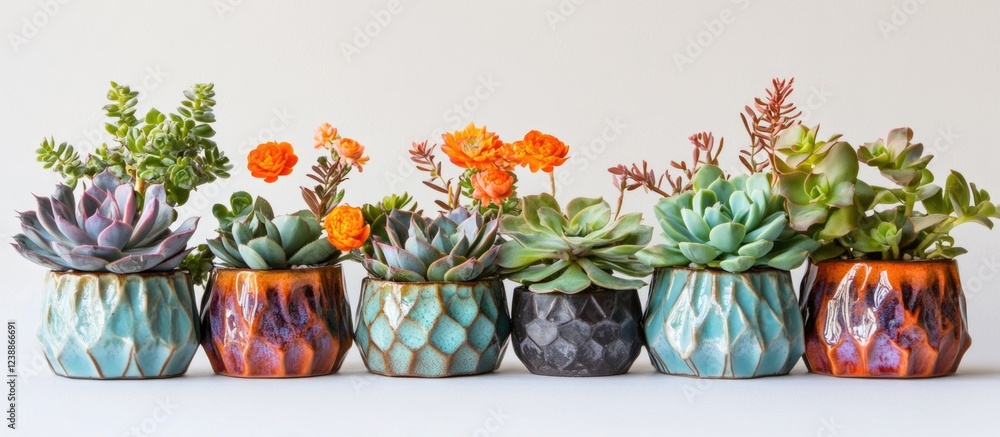 Aufkleber succulent plants in decorative geometric pots arranged in a row on a neutral background with copy sp