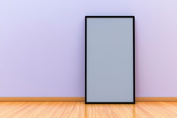 Minimalist Interior Scene with Blank Frame on Wooden Floor and Pastel Purple Wall Background for Art Display