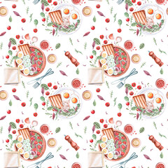 Seamless pattern with breakfasts on wooden and ceramic dishes. Watercolor illustration on the theme of food for the design of the menu and interior of the restaurant, design of gastronomic festivals.