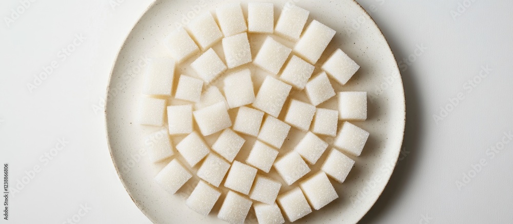 Poster white sugar cubes arranged on a round plate with a neutral background and ample copy space for text 