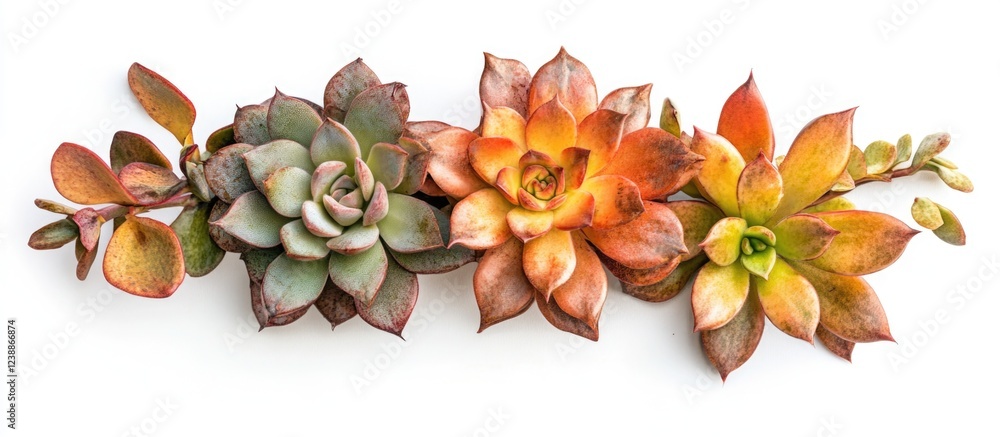 Poster colorful assortment of succulents arranged horizontally on a white background with ample copy space 