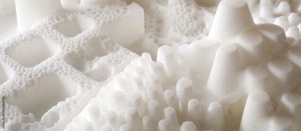 Poster close-up of textured white foam surface with various geometric shapes and forms suitable for abstrac