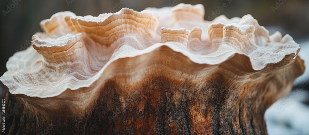 Poster close-up of a unique mushroom growing on a tree stump showcasing intricate layered textures with nat