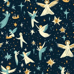 Seamless Pattern of Whimsical Angels and Stars on Dark Blue Background
