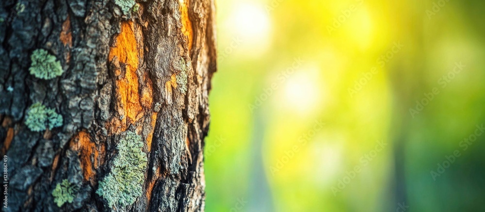 Poster close-up view of textured tree bark with green moss and lichen against a blurred nature background c
