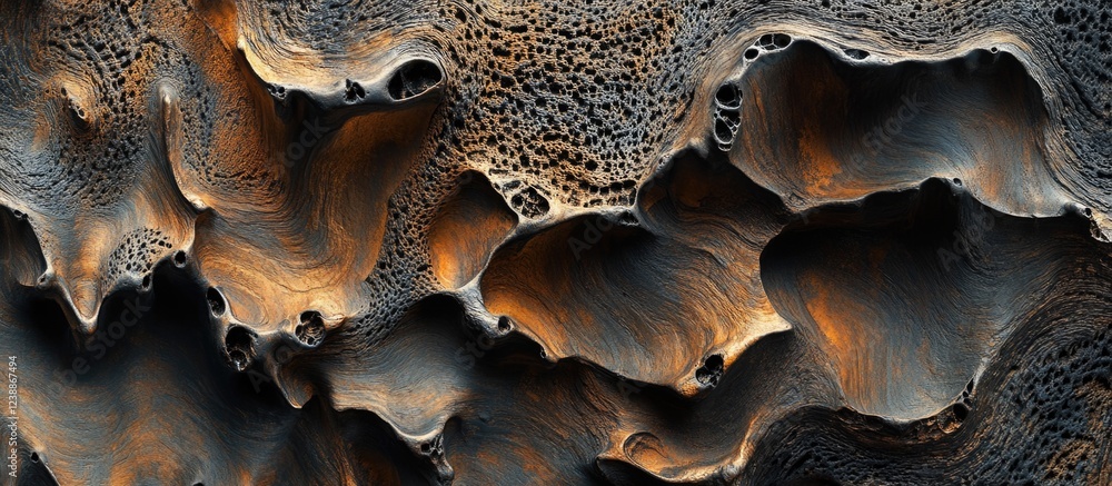 Poster abstract close-up of dark fluid surface with intricate patterns and textures in shades of black and 