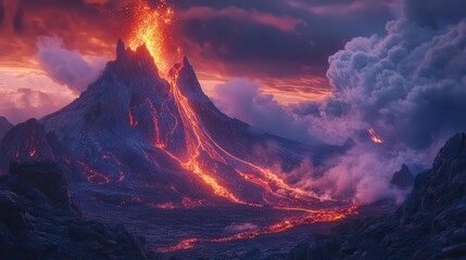 a majestic volcano erupts at twilight, spewing molten lava streams down its obsidian slopes, illuminating the ash-filled sky with an otherworldly orange glow, cinematic wide-angle view