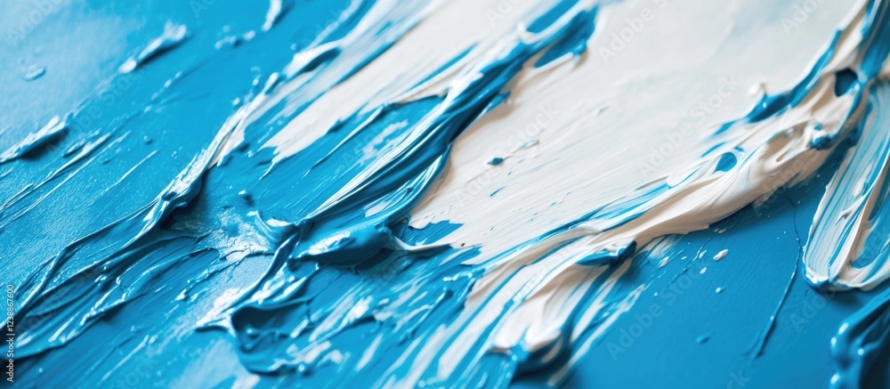 Poster abstract close-up of blue and white paint texture on canvas with thick brush strokes and layers, art