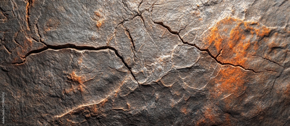 Poster textured surface of cracked stone with orange highlights and intricate patterns suitable for backgro