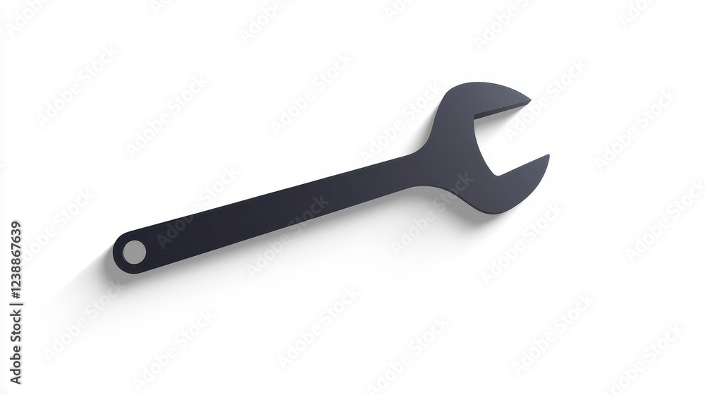 Poster a minimalist, bold geometric icon of a wrench rendered in crisp vector style, floating on a pure whi