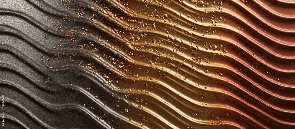 Poster textured metal surface with wavy patterns and metallic dust in black and copper tones with potential