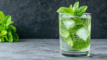 Refreshing mint drink with ice on grey background