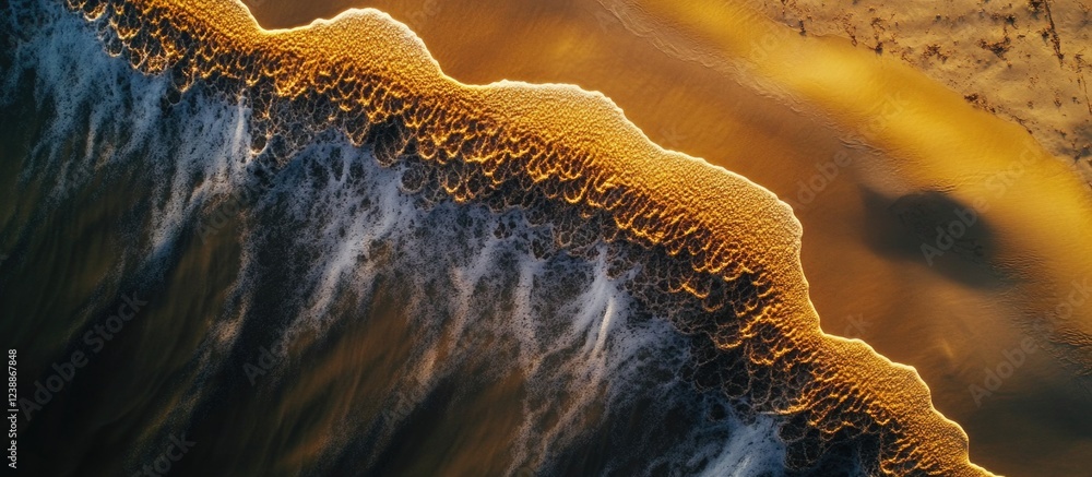 Poster aerial view of ocean waves breaking on a golden sandy beach during sunset showing intricate patterns
