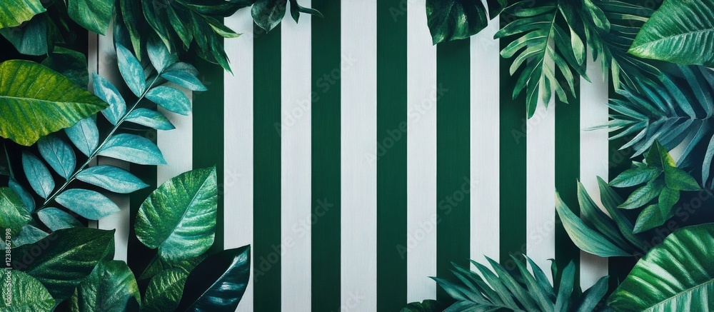 Poster tropical green leaves arranged on striped background with ample copy space for text and design eleme