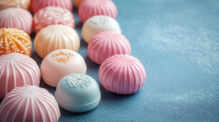 Obraz premium Colorful pastel candies on blue background.