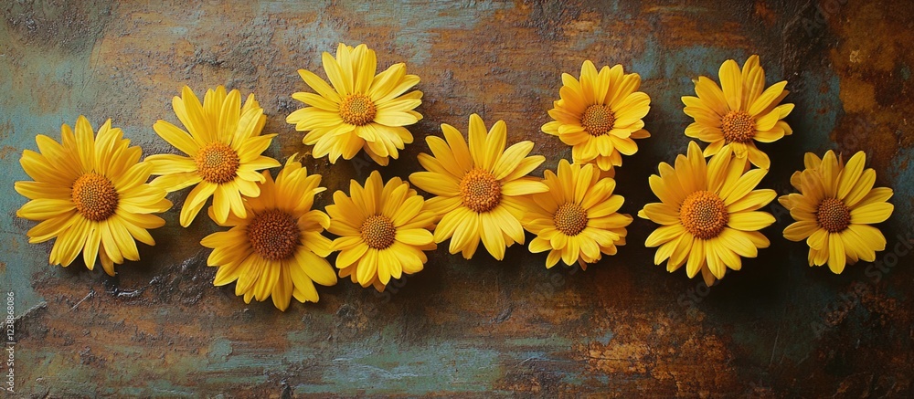 Poster yellow daisies arranged in a line on a textured brown background with ample copy space for text plac
